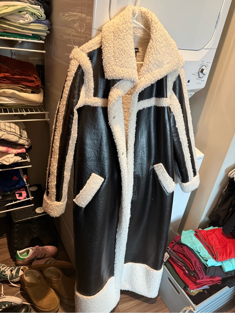 Womens Black Faux Leather Shearling Longline Coat with Cream Trim